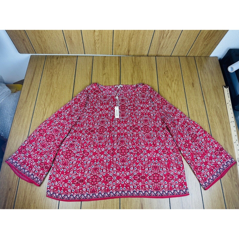 Max Studio Red Floral Bell‎ Sleeve Ruched Blouse Size M Women’s New